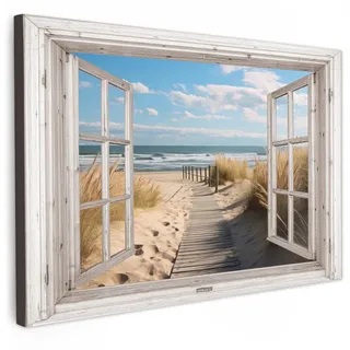 MuchoWow Leinwandbild Fenster - Meer - Küste - Natur - Ausblick - Strand - Wattenmeer Wanddeko 90x60 cm , Beige , Textil , Kiefer , Rechteckig , 90x60 cm , FSC 100% , gerahmt , Bilder & Rahmen, Bilder, Leinwandbilder