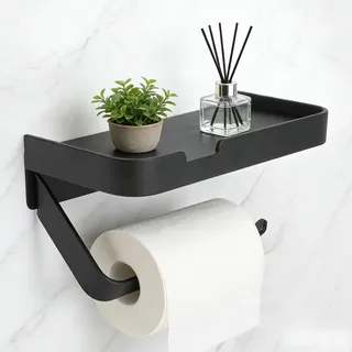 Toilettenpapierhalter mit Ablage wandmontage ohne Bohren – klopapierhalter Aluminium schwarz modern – Stabiler papierrollenhalter Wand mit handyablage für Bad wc Badezimmer