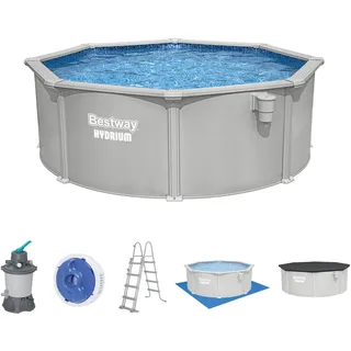 Bestway Hydrium Stahlwandpool Komplett-Set rund 366 x 122 cm Granitgrau Gartenpool Aufstellpool mit Sandfilteranlage