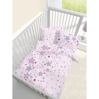 Baby Fein Biber Bettwäsche rosa mit Sternen 100x135 + 40x60 cm - Lila