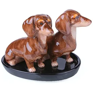 Unbekannt Dackel Salz und Pfefferstreuer Set Keramik, 3-teilig, handgefertigt und handbemalt, Braun, Keramik