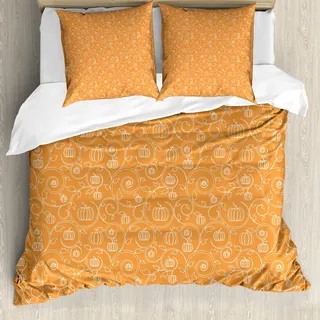 ABAKUHAUS Ernte Bettbezug Set, Muster mit Kürbis Blätter und wirbelt auf Orange Hintergrund Halloween inspiriert, 155 x 220 cm + 80 x 80 cm, Orange Weiss