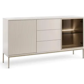 Sideboard Lagos Kaschmir Beige 154 cm mit LED – 3 Schubladen, Glasfront, Füße, Push-to-Open - Beige