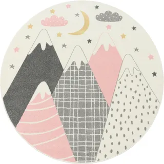 Paco Home Kinderteppich »Nino 886« rund 13 mm Höhe Kurzflor, Spielteppich, Motiv Berge & Sterne, Pastell-Farben, pink