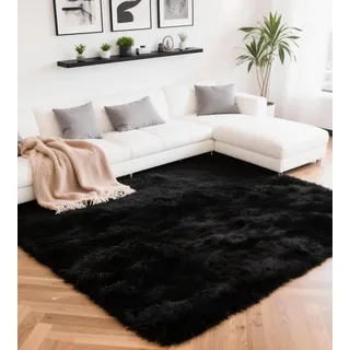 ROHATIM Teppich Wohnzimmer 200 x 300 cm Schwarz Waschbar Rutschfester Hochflorteppich Kinderzimmer Schlafzimmer Flauschiger Teppiche
