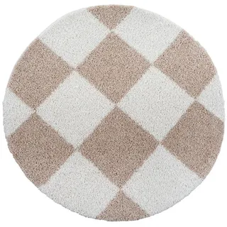 Hochflorteppich , Weiß, Beige , Textil , Karo , rund , für Fußbodenheizung geeignet, schmutzabweisend, für Hausstauballergiker geeignet, pflegeleicht , Teppiche und Böden, Teppiche, Runde Teppiche