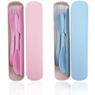 DIYJEP 2 Stück Tragbare Reisebesteck mit Etui,Camping Besteck Set, wiederverwendbares Plasti klöffel Gabel Messer Geschirr für Reise Picknick Schule Büro Camping im Freien (Blau, Rosa)