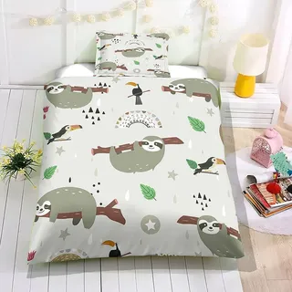 Hiseng Kinderbettwäsche für Mädchen und Jungen 3D Faultier, Kinder Bettwäsche-Sets mit Kissenbezug, Bettwäsche Set Mikrofaser Bettbezug mit Reißverschluss (135x200cm,Grau)