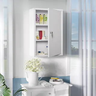 kleankin Medizinschrank mit Schloss 3 Fächer Stahl Weiß 40 x 18 x 60 cm
