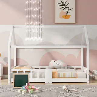 Merax Kinderbett 90 x 200 cm Hausbett mit Tafel und Rausfallschutz, Lattenrost und Zaun, Einzelbett für Mädchen und Jungen Kinderbetten aus massivem Kiefernholz, Weiß - Weiß