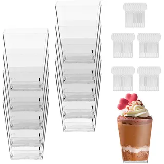 Dessertgläser 5 OZ /160ML, 50 Stück Desserttasse mit 50 Stück Löffeln. Dessertgläser Plastik Transparenten, Trapezförmig Desert Becher für Mousse Kuchen, Eis, Joghurt, Pudding,Wiederverwendbare