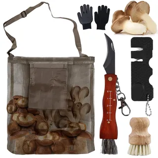 Pilzmesser mit Bürste, Pilzsammeltasche, Schwammerlmesser mit Pinsel, Pilz Sammeltasche, Tragbar Pilzmesser Set mit Handschuhe und Einen Pilzsammelbeutel für pilze sammeln Outdoor und Camping