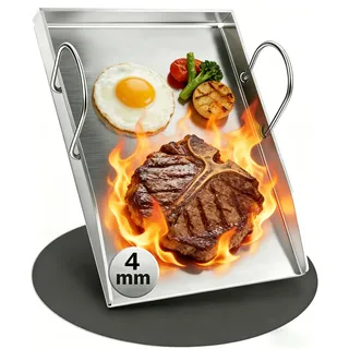 Denmay 40 x 30cm Edelstahl Grillplatte Plancha für Weber, Enders, Burnhard, Rösle videro, Plancha Grillzubehör für Gasgrill und Holzkohlegrill, 4mm Massiven Edelstahl Plancha Grillplatte mit Griff