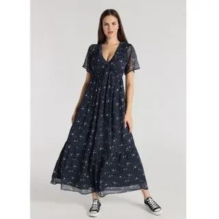 Lois Jeans für Damen. 448342705 Kurzärmeliges Midikleid mit Gummizug im Brustbereich mit navyfarbenem Blumendruck (XL), Lässig, Polyester, K