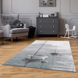 Carpet City Teppich Kinderzimmer Grau, Blau - 140x200 cm - Segelboot, maritimes Muster - Kinderzimmerteppiche Jungen und Mädchen - Kurzflorteppich Modern Wohnzimmer