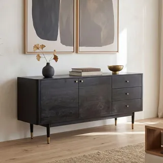 FineBuy Sideboard Akazie Massivholz 160 cm 2 Türen & 3 Schubladen - Massive Retro Kommode in Schwarz - Design Natur Anrichte - Handdustrial - Schwarz