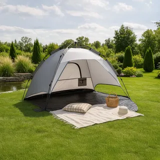 Strandmuschel 'Mullsjö' 215 x 135 x 140 cm Pop Up Strandzelt für 2 Personen Halboffen automatisches Campingzelt wasserabweisend Dunkelgrau / Hellgrau - Grau