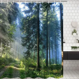 Alishomtll Wald Duschvorhang, Grün Pflanzen Anti-Schimmel Duschvorhänge Anti-Bakteriell Textil Stoff Wasserdicht Shower Curtains, Badewanne Vorhang Waschbar mit 12 Duschvorhängeringen 175x178 cm