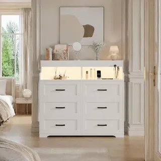 INONEFT Kommode mit  LED Beleuchtung, Type-C und USB Anschlüsse, Sideboard mit 6 schubladen und 3 offene Staufächer, 40×110×99 cm, Weiß - Weiß