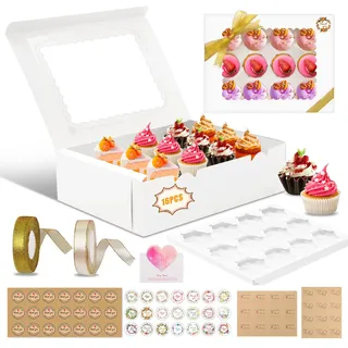 UCAMP 16 Stück Cupcake Box,Cupcake Muffin Box mit Fenster,cupcake transportbox mit Seil und Stickern und Grußkarte,geschützt Aufbewahren und Mitnehmen,für Weihnachten Geburtstag Hochzeit