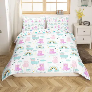 Bettwäsche Set Alpaka Tiere Regenbogen 200x200cm Mehrfarbig Mikrofaser 2 Kissenbezüge Reißverschluss