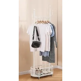 BOOSDEN Kleiderständer Metall, Kleiderständer Weiß, 61 x 33.3 x 172cm | Kleiderstange auf Rollen, Fahrbarer Kleiderständer mit Ablage und 4 Haken, ür Mäntel, Hemden, Kleider, Schuhe und Taschen
