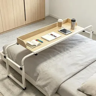 HöHenverstellbarer Betttisch Mit Rollen?GeräUmiger Esstisch?Vielseaitiger Betttisch HöHenverstellbar 65-95cm?Breitenverstellbar 115-210cm FüR Sachlafzimmer Krank (Color:Holz) - Braun