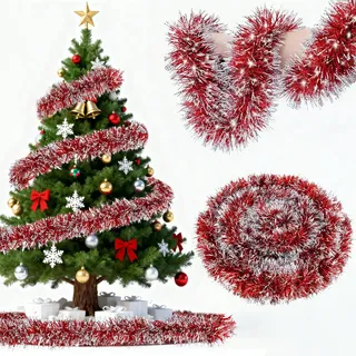 Weihnachtsgirlande Rot,10m Weihnachten Lametta Girlande Rot, Glitzernd Gir-Lande Weihnachten Innen-Und Außen für Weihnachtsbaum Weihnachtsfeier, Lametta Tannengirland Weihnachtsdeko
