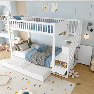 MODFU Etagenbett 90x200 mit Ausziehbett Kinderbett mit Kleiderschrank,Bettgestell Holzbett mit Schublade und Staufach,Weiß (Ohne Matratze) - Weiß