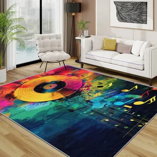 TerroVee CD Teppich Wohnzimmer 160x230 cm, Musiknote Bunt Schallplatte Teppiche, Disc Musik Waschbar Kurzflor Groß Teppiche Für Schlafzimmer Kinderzimmer, Gelb Blau Rot