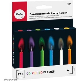 Rayher 31587000 Buntleuchtende Party Kerzen, Länge 5,5 cm, 5 mm ø, Karton 12 farbige Kerzen inklusiv Halter, Partykerzen mit bunter Flamme, Sortiert