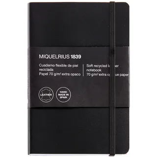 Miquelrius - Weiches Notizbuch aus recyceltem Leder, Format 8o 104 x 150 mm, 300 Blatt 70 g/m2, Extra blickdichtes Papier, Raster 5 mm, Schließt mit Gummiband, Mit Index, Farbe schwarz