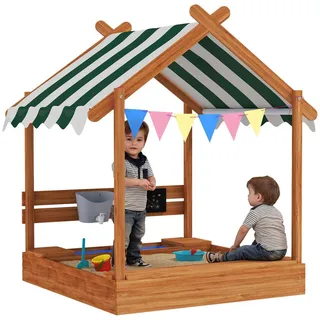 Outsunny Sandkasten mit Dach, Sandkiste aus Holz mit Sitzplatz, Spielhaus für 3-7 Jahre , Orange , 116x146x124 cm , Freizeit & Co, Gartenspielzeug, Sandkästen