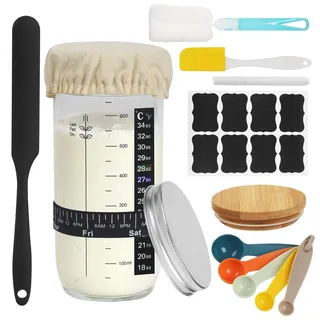 Sauerteig-Starterglas 680ml Sauerteig Starter Set, Brot Backen Zubehör, Fermentationsglas mit Aluminiumdeckel Gärtuch Temperaturband Etikett Silikonspatel, Wiederverwendbares Sauerteig-Starterglas