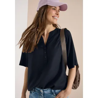 Kurzarmbluse CECIL, Damen, Gr. XL (44), schwarz (universal blau), Web, Obermaterial: 100% Viskose, unifarben, regular fit normal, Rundhals, Blusen Kurzarmbluse, mit Knopfleiste