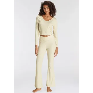 Pyjama LASCANA, Damen, Gr. 32/34, beige (ecru), Single Jersey, Obermaterial: 63% Polyester, 33% Viskose, 4% Elasthan, schmal lang, tiefer V-Ausschnitt, Homewear-Sets Pyjama, aus schönem Ripp-Material