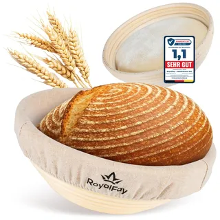 RoyalFay® Gärkörbchen rund 23 cm – Brotform aus natürlichem Rattan für Sauerteig und Brotteig – inklusive Leinentuch – Brotbackkorb für Teigruhe und knusprige Kruste