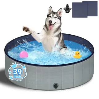 Bamda Hundepool – Faltbarer Pool 100x30, 2026 Verbesserte 5mm PP-Platte und Verdickter Boden, Tragbare Rutschfestes Hundeplanschbecken für Große Mittelgroß Kleine, Ideal für Innen & Außen (Grau)