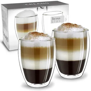 Creano doppelwandiges XXL Thermoglas 400ml, Extra großes hitzebeständiges Doppelwandglas aus Borosilikatglas, Kaffee, Tee, Latte Macchiato Gläser, 2er Set