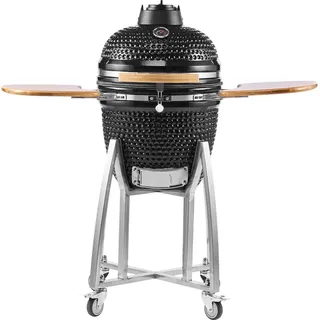 Holzkohle-Räucherofen und Grill, 450 mm Kamado-Holzkohle-BBQ-Räucherofen, beweglicher Keramikgrill mit 4 Rädern (2 davon feststellbar), eingebautem Thermometer, Belüftungsöffnung und seitlicher Ablage für das Kochen im Freien auf der Terrasse oder im Garten