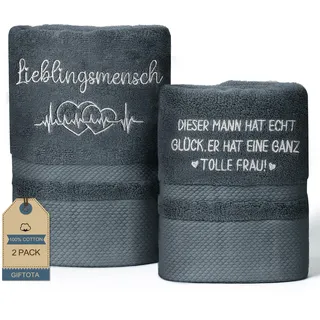 Giftota Lustiges Jahrestag Geschenk für Ihn - 2 teilig Handtuch Set 100% Baumwolle Bestickt Handtücher Grau, Partnergeschenk für Freund Ehemann - Badehandtuch 50x100 cm + Handtuch 35x75 cm
