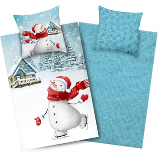 Aminata kids - Biber Kinderbettwäsche 135x200, Schneemann-Motiv, Jungen und Mädchen, 100% Baumwolle, Reißverschluss - Warm, Weich & Kuschelig - Winter-Wende-Bettwäsche-Set, Flanellbettwäsche