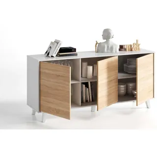 Dmora - Anrichte Arvada, Modernes Sideboard mit 3 Türen und Einlegeböden, Küchenbuffet, Wohnzimmer-Design-Buffet, cm 154x40h75, Glänzend weiß und Weiß