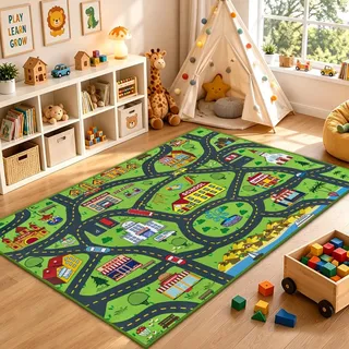 Capslpad Spielteppich Kinder Straße 120x160 cm Waschbar Kinderteppich Kinderzimmer Teppiche SPielmatte Teppich Krabbelmatte Baby für Kleinkind Junge Mädchen Schlafzimmer Spielzimmer Babyzimmer, Grün