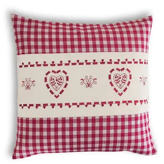 wometo Kissenhülle Zierkissen 40x40 OekoTex - Landhaus-Stil Dekokissen Sofakissen Stick Herz rot kariert, Karo rot Heller Hintergrund Reißverschluss