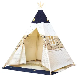 bino Spielzelt TeePee, Zelt Kinderzimmer (Kinder Tipi Zelt, Spielhaus für Kinder ab 3 Jahre, Drinnen & Draußen geeignet, bedruckt mit Indianer Motiven, Größe 120x120x150 cm), blau-beige