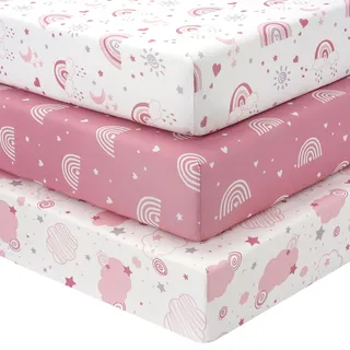 FIEMOL Baby Spannbettlaken 60x120 cm Babybett Spannbetttuch, 3er-Pack Mikrofaser Bettlaken Für babybetten, Ultrasanft & Seidigglatt Bettlaken Rosa Regenbogen