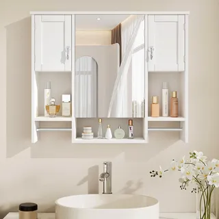 VECELO Spiegelschrank Bad, 18 × 89 × 73 cm, Wandmontierter Badschrank mit Verstellbare Ablagen, Offenen Fächern und 2 Handtuchhaltern, Badschrank für Badezimmer und Küche, Weiß
