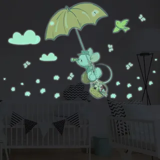 Ambiance Sticker Leuchtender Wandaufkleber für Kinder, fluoreszierend, Maus im Regenschirm, H65 x L40 cm
