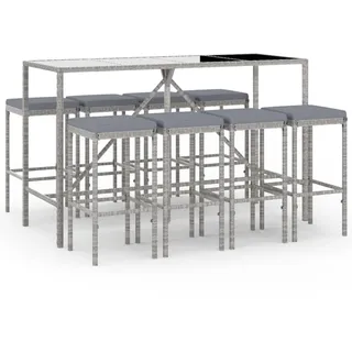 vidaXL 9-tlg. Gartenbar-Set mit Kissen Grau Poly Rattan - Grau